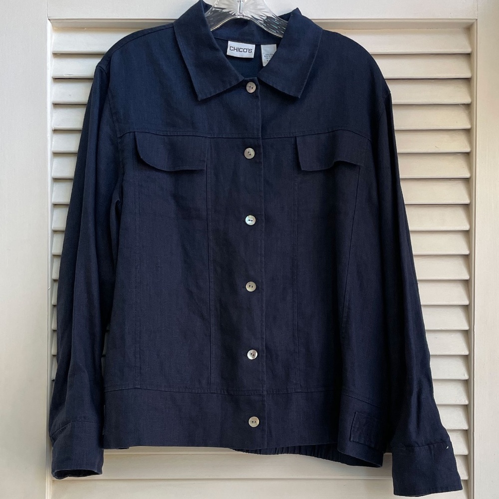 Chicos Linen Short Jacket, Navy With Shell Buttons, Size 2
